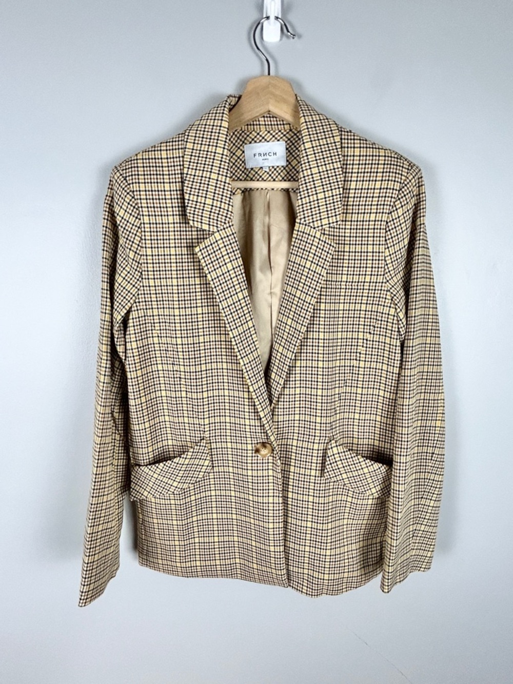 FRNCH Checked Blazer Yellow & Tan Size Small Office Business Career Modern